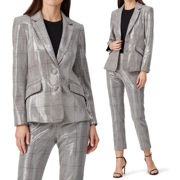 $495 NWT BADGLEY MISCHKA Plaid  Blazer Silver Coat XS Button down Sparkle Chic - Picture 6 of 14